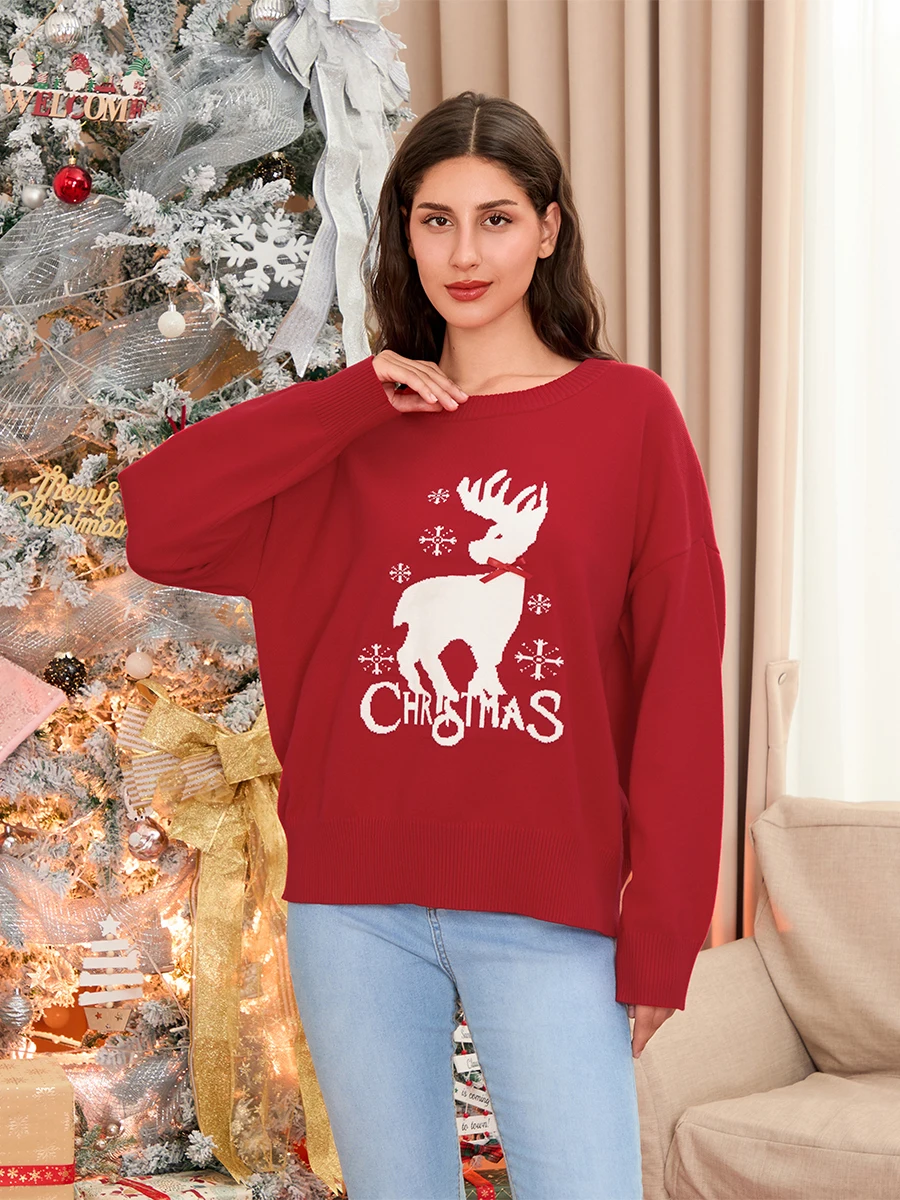 Women s Christmas Sweaters Reindeer Letter Bow Long Sleeve Round Neck Ribbed Knitted Tops