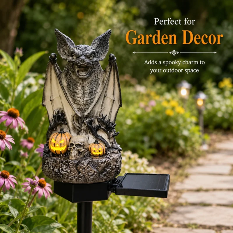 Gothic Vampire Bat Sculpture Solar Powered Ground Light Warm LED Jack-o-Lantern Statue Lawn Flower BedCourtyard Pathway Ornament