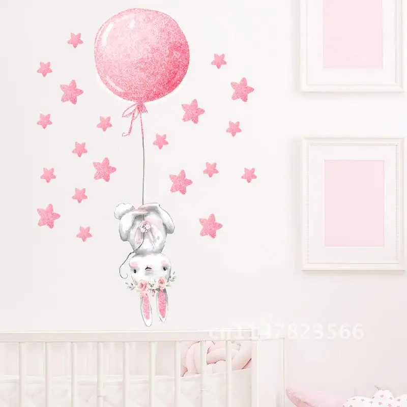 Rose Gold Pink Girl Bunny with Hot Air balloon Wall Stickers for Kids Room Baby Nursery Room Decorative Stickers for Girl Decals