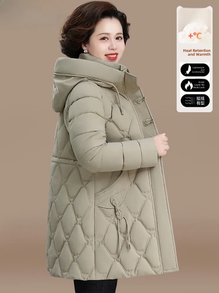 

Winter Faionable Mid-Length down Cotton Jaet Coat for Women with Hood Thiened Polyester Fiber Kangaroo ket Open Card...