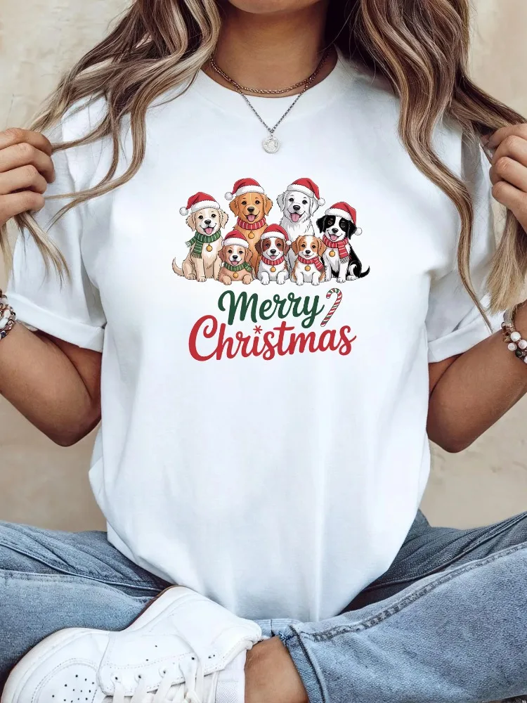

Retro Humor Dog Lover Christmas Pattern T-Shirt Cotton Women's Crew Neck Short Sleeve T-Shirt Playful Holiday Theme T-Shirt