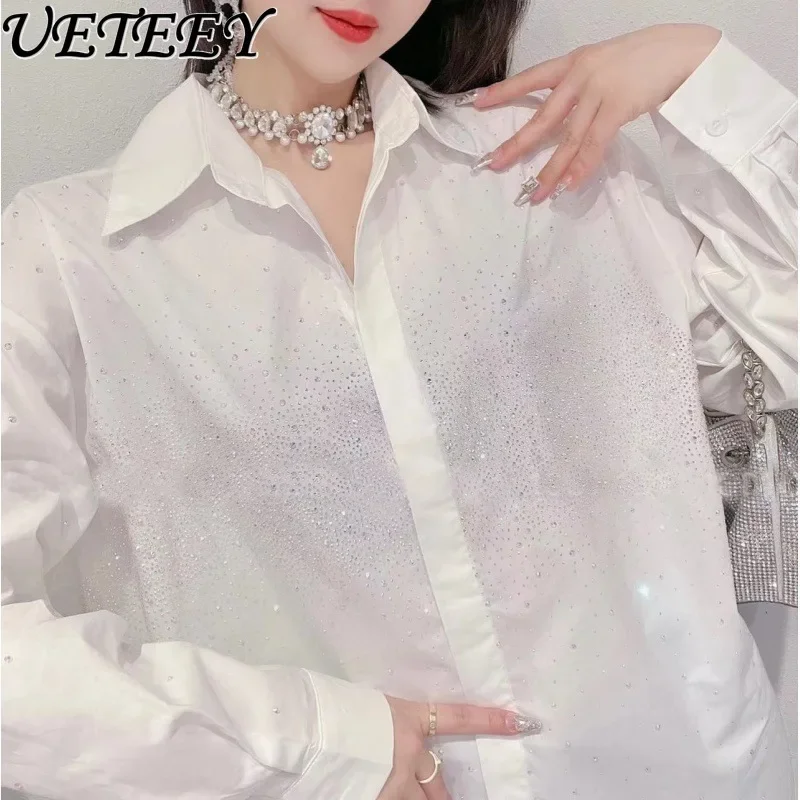 French Minority Spring and Summer New Heavy Industry Color Rhinestone Shirt Casual Loose Slimming Lapel Long Sleeve Top