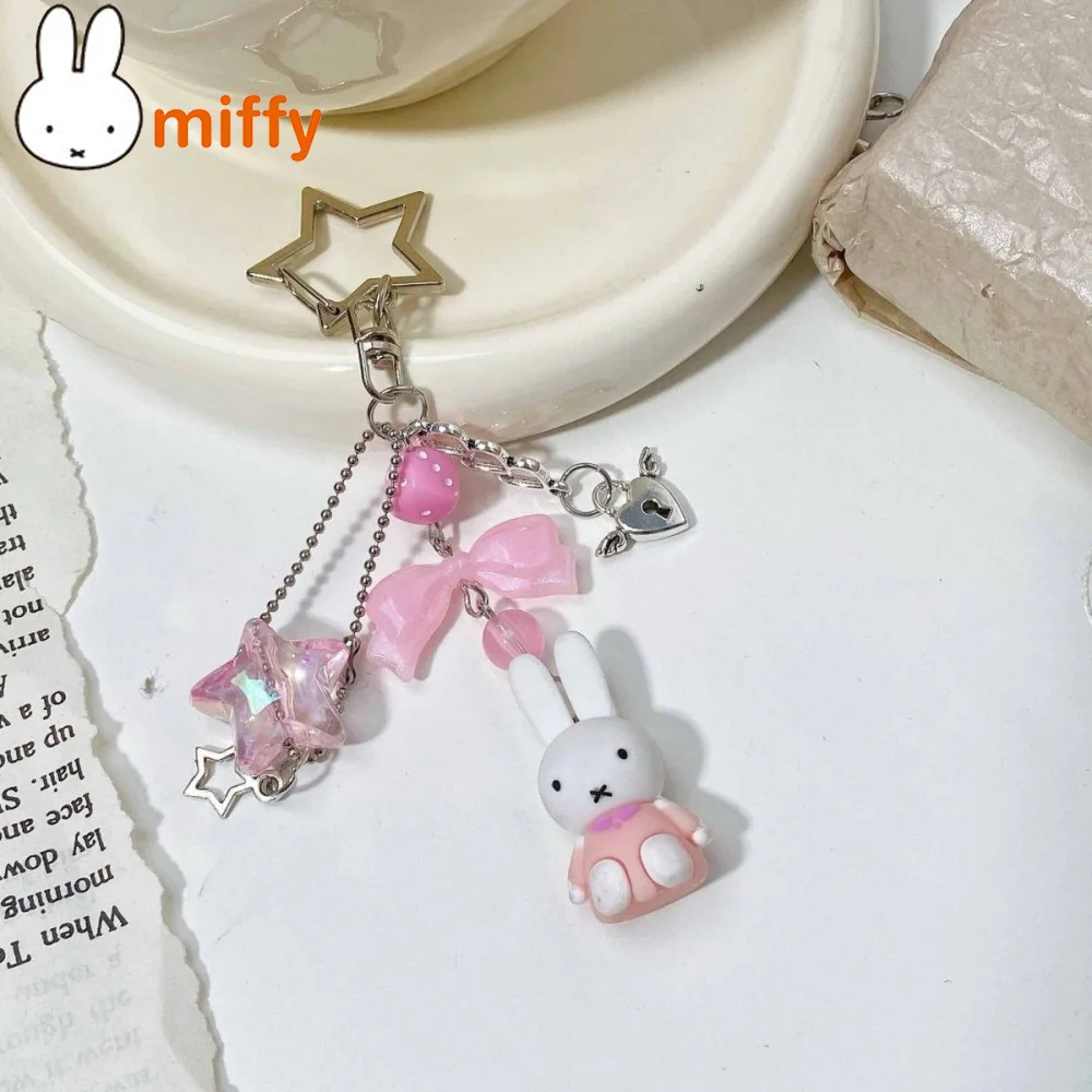 Cute Miffy Kawaii Keychain Y2K Mini Cartoon Rabbit Key Ring Backpack Schoolbag Pendant Doll Punk Style Spice Girl Gift