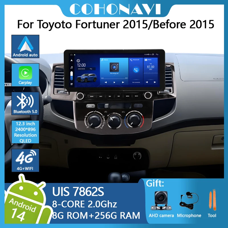 12.3 Inch For Toyoto Fortuner 2015/Before 2015 Android14 Octa Core 8G+256G Car Multimedia Player Stereo Receiver Radio 2400*896