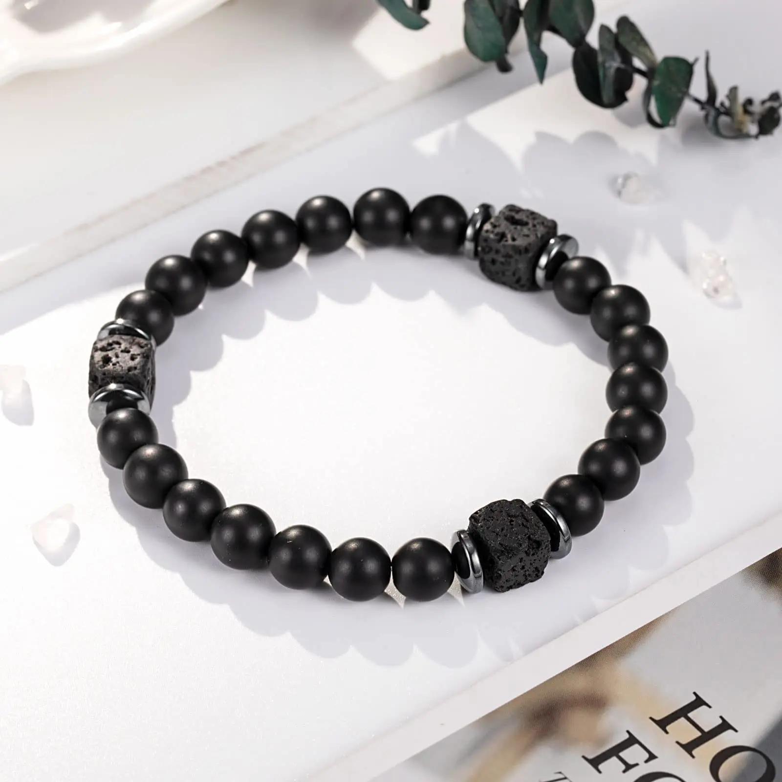 OAIITE Men Fashion Volcanic Stone Black Onyx Bracelet Bead Stretch Balance Bracelet Spiritual Yoga Meditation Jewelry Unisex