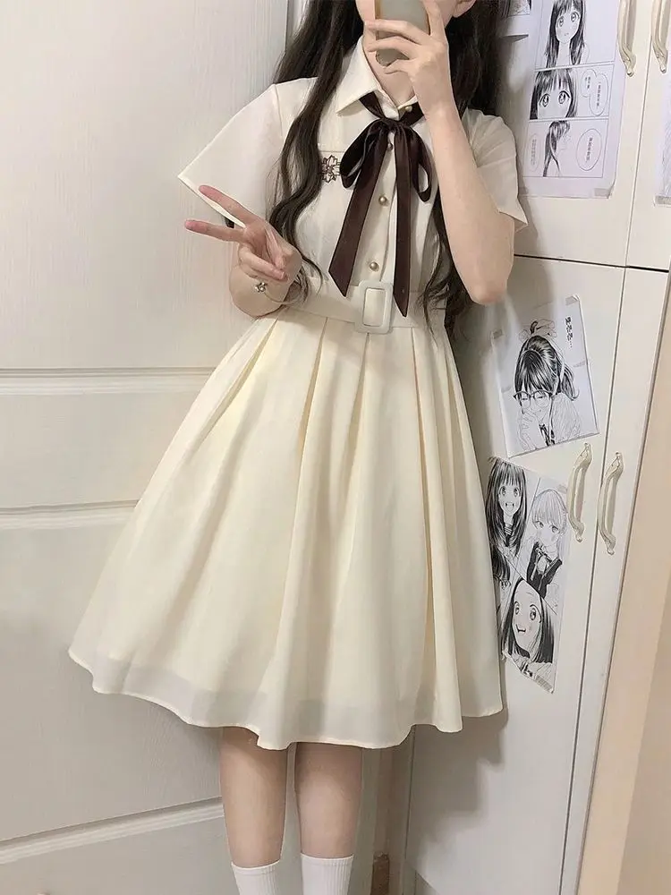 

Japan Sweet College Style Embroidered Polo Collar JK Dress Female Student Summer Belt Waist Slimming A-Line Skirt