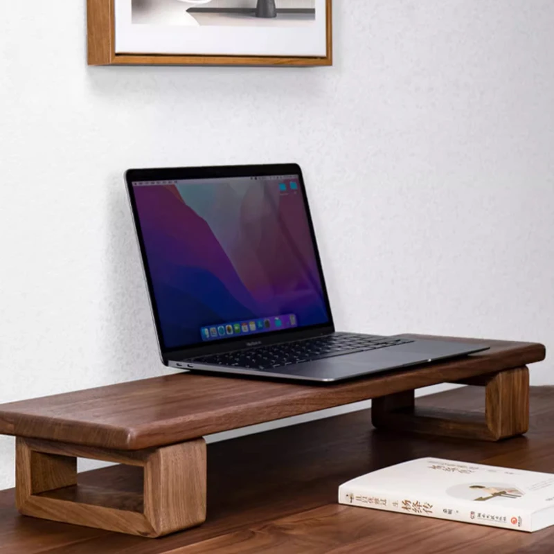 حامل شاشة من خشب الجوز الأسود، رف تخزين للكمبيوتر المحمول من الخشب الصلب، حامل شاشة كمبيوتر مريح، منظم سطح المكتب