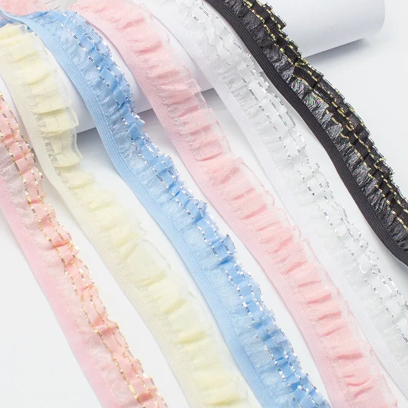 2.5cm Gold/Silver Thread Double Layer Gauze Wood Ear Elastic Stretch Lace Trimmings Home Textiles Doll Clothes Accessories X1277