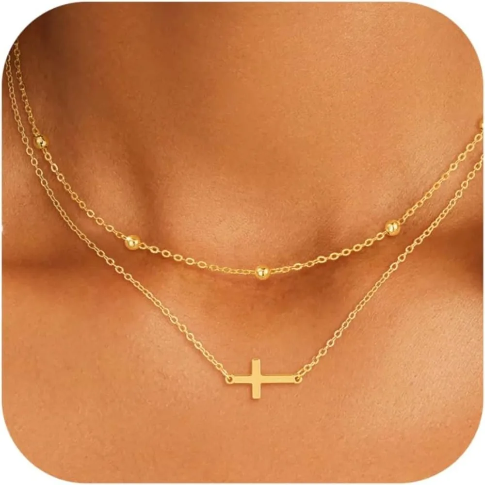 Cross Necklace for Women Dainty 14K Real Silver Gold Plated Layered Cross Pendant Necklace Stack Simple Trendy Cute Charm Choker