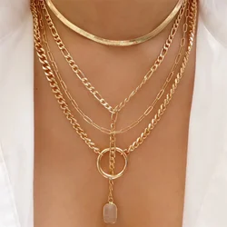 Fashion Vintage Snake Chain Metal Circle Geometric Crystal Pendant Necklace For Women Female Punk Multilayer Jewelry Gift