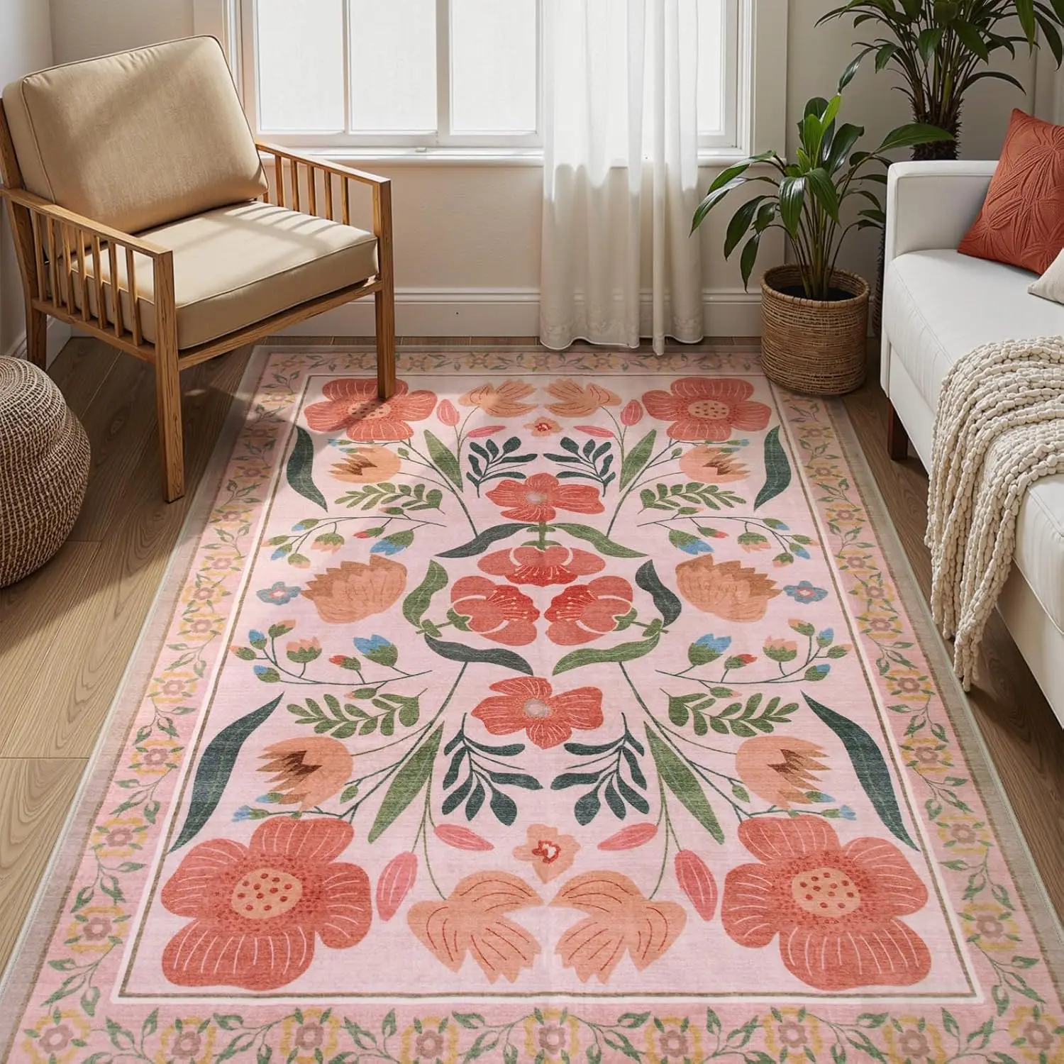 Pink Vintage Folk Floral Rug, Non-Slip Carpet for Bedroom Living Room Nursery, Retro Botanical Decor Floor Mat