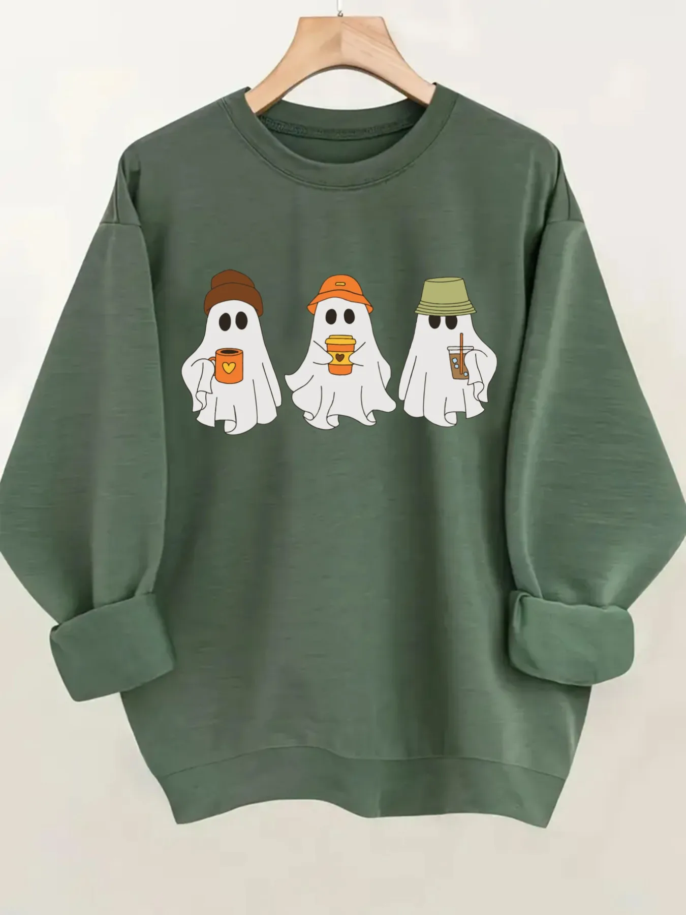 Women's Crewneck Pullover Sweatshirt Three Ghosts Drinking Design, Soft Casual Long Sleeve, Daily Casual Top Outfit, Winter Women's Clothing, Halloween Costume Outfit