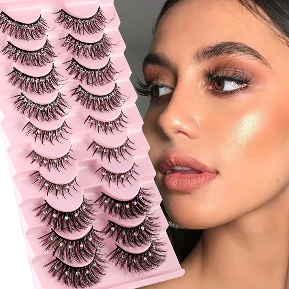 10 أزواج من الرموش الصناعية المزخرفة بحجر الراين خفيفة الوزن للنساء ذات مظهر طبيعي ومهرجان مكياج عيون براقة