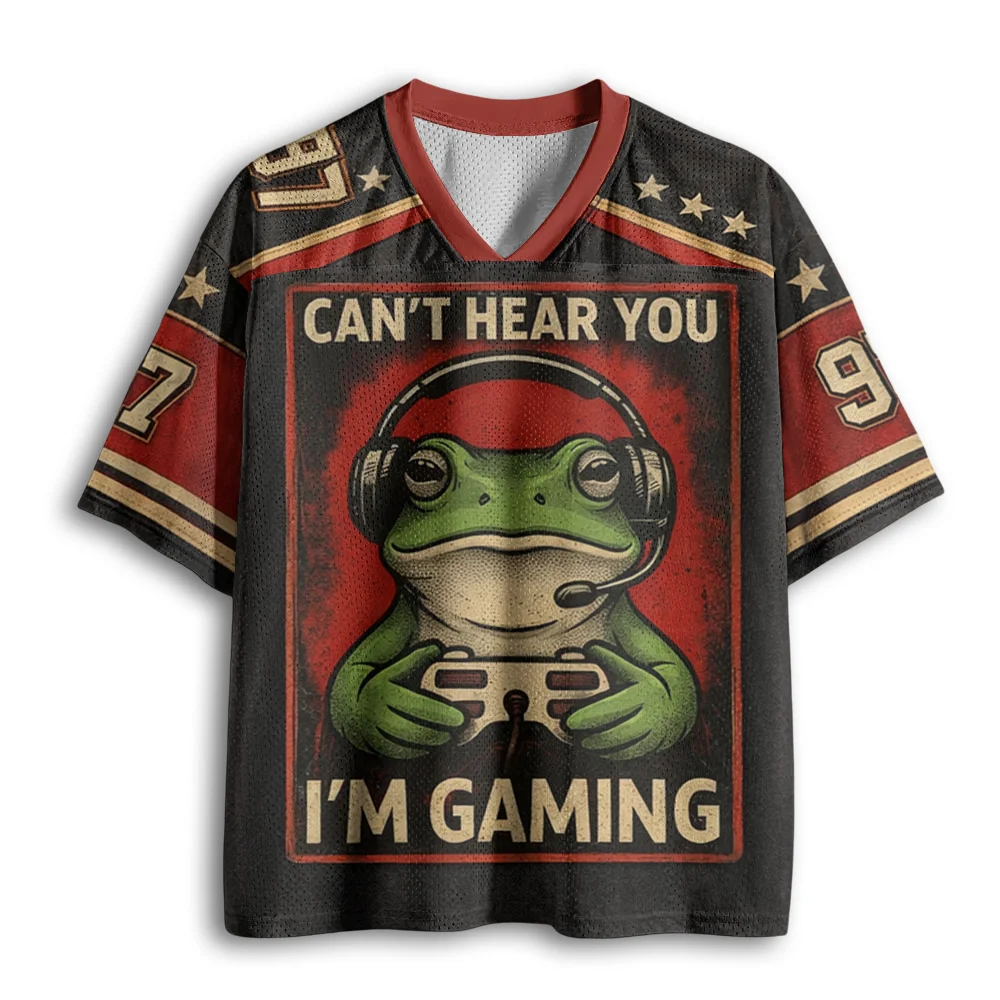 Vintage Gaming Frog Headset Controller Print Mesh V Neck Jersey, Short Sleeve Loose Breathable Funny Gamer Casual Tee