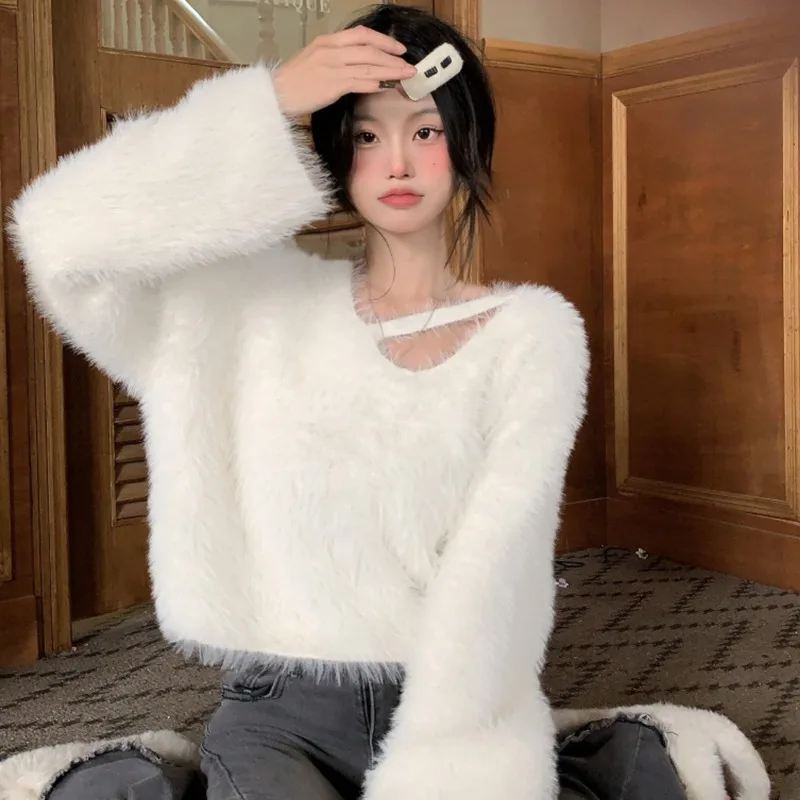 Winter V-neck Sweater For Women Gentle  Straps Loose Sweet Lazy Style Pullover Knitwear Japan Style Fashion Knitted Top