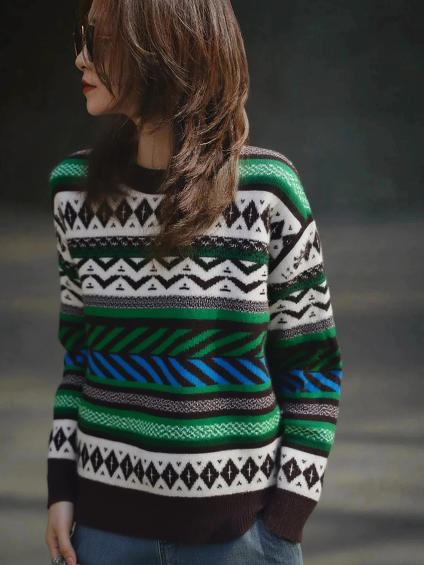 

Geometric Stripe Knitwear Long Sve round Ne Loose Fit Versatile Faionable High End Feeling Autumn Winter Women's Top