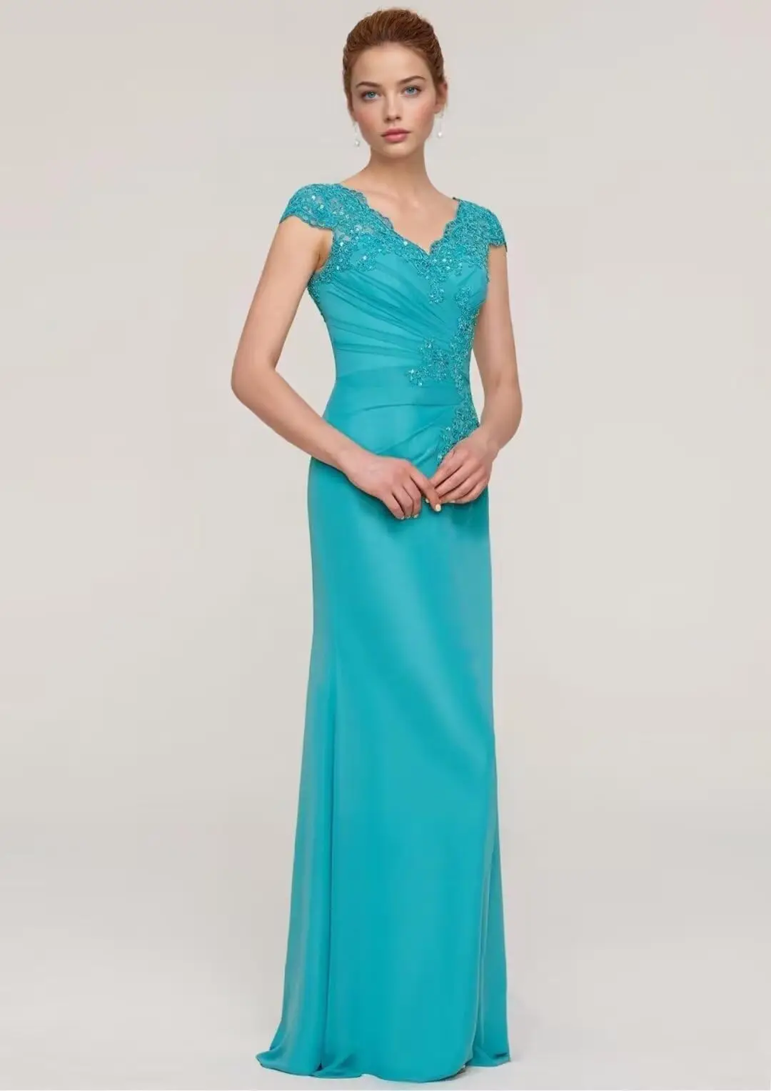 Abiti eleganti per la madre della sposa in chiffon con paillettes lucide personalizzati per abito da sera formale con maniche ad aletta e applicazioni in pizzo