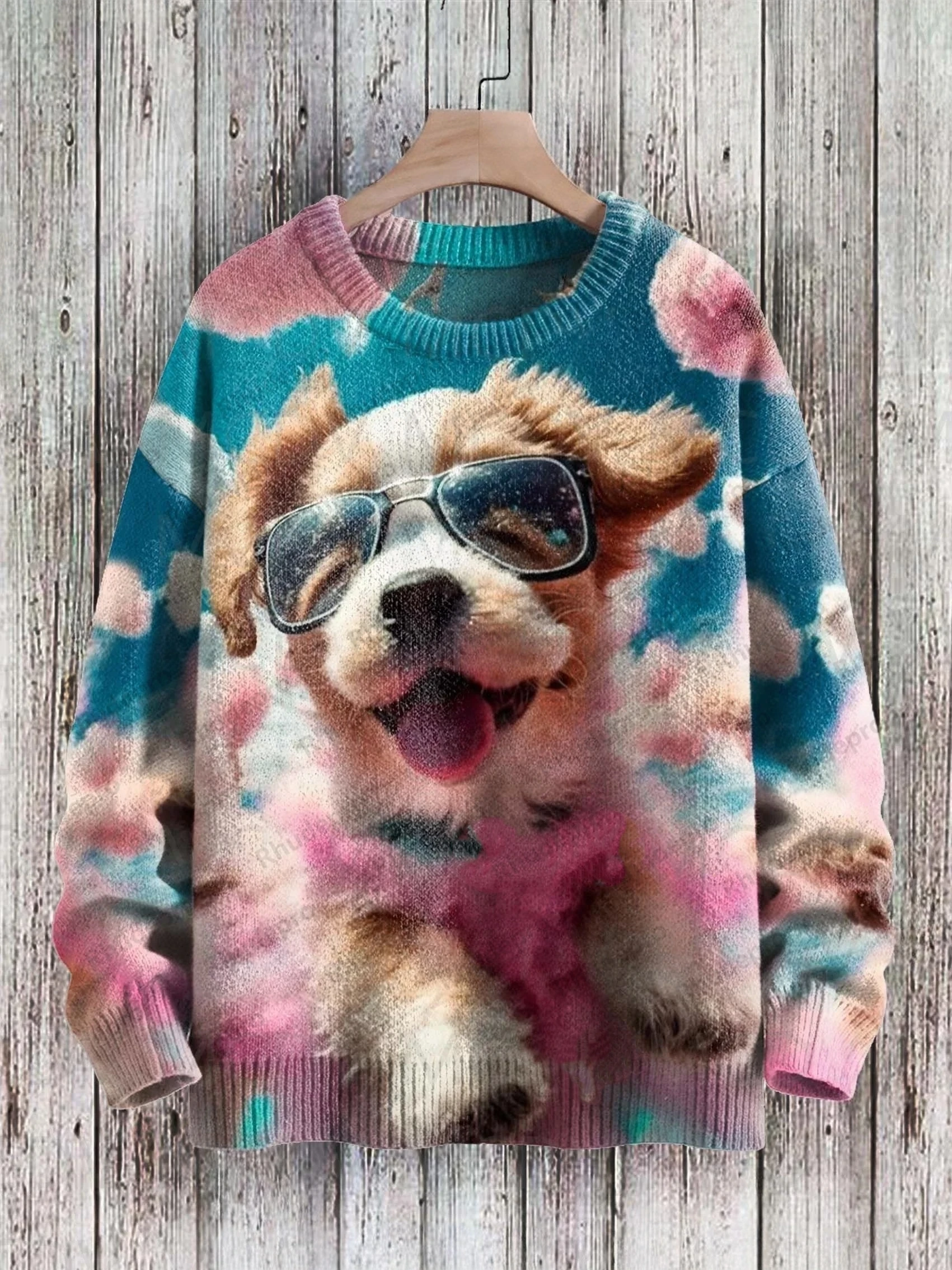 Christmas Cute Dog Colorful Art Pattern Print Casual Knit Pullover Sweater Men's For Women's Pullover