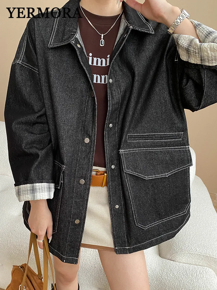 

YERMORA черная джинсовая куртка большого размера с карманами и пуговицами для женщин, свободное новое пальто с длинными рукавами и лацканами, модное пальто, весна-осень 2025