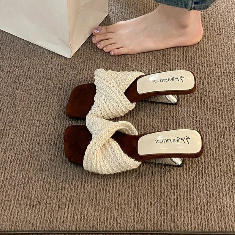 

Fashion Square Toe Weave Wedges Heels Women Slippers Street Style Elegant Banquet Party Dress Slide 2026 New Summer Shoes