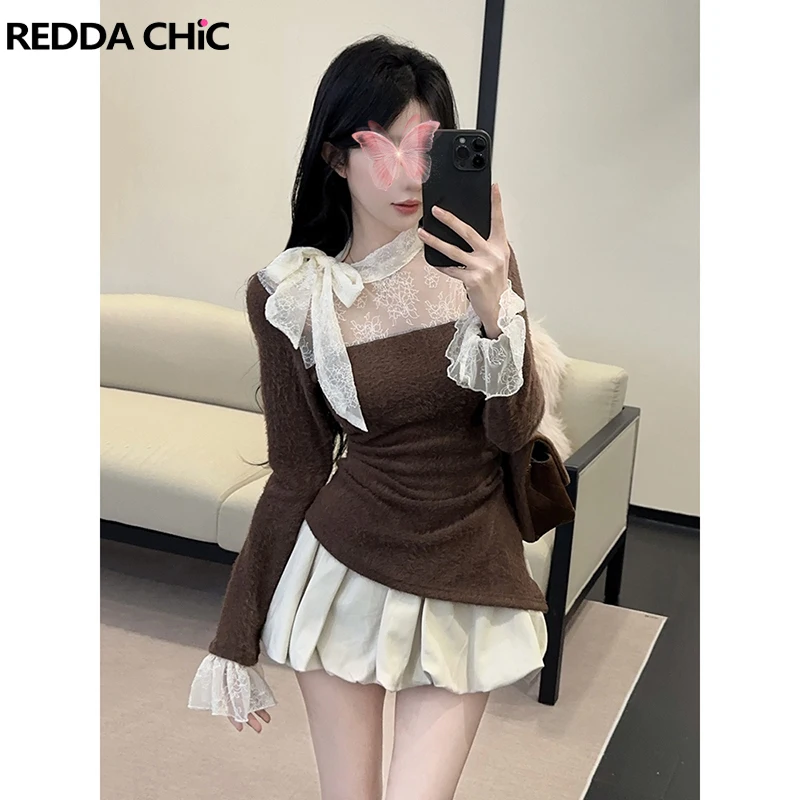 

REDDACHiC Топ с галстуком-бабочкой, шорты, женский комплект, вязаная футболка с длинными рукавами и кружевной строчкой, шаровары, зимняя новинка, винтажная одежда