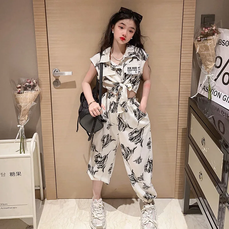 summer teenager girls Flower clothes set short sleeveless tops+pants 2pcs 10 12 14 kids suit child outfit roupas infantis menina