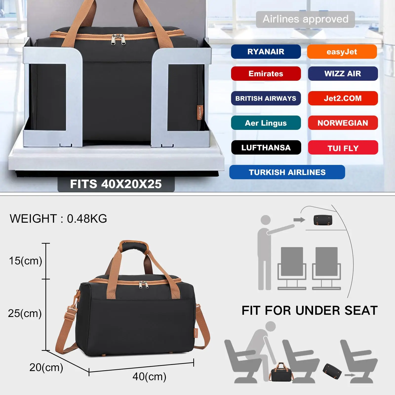 Kono 20L Ryanair Compliant 40x20x25 cm Underseat Holdall, Cabin Hand Luggage, Carry-On Travel Bag