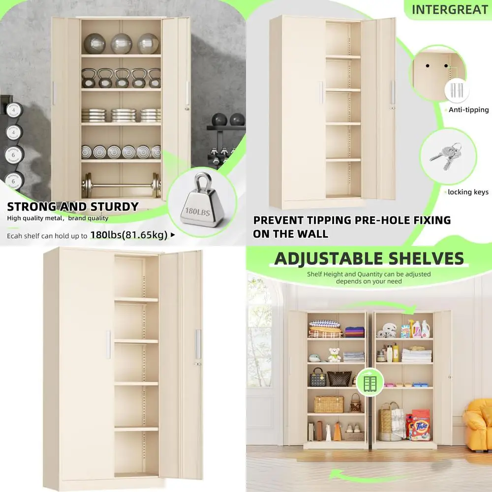 

72 Lockable Metal Storage Cabinet with 4 Adjustable Shelves, Suitable for Tools, Home, or Office, Putty Grey