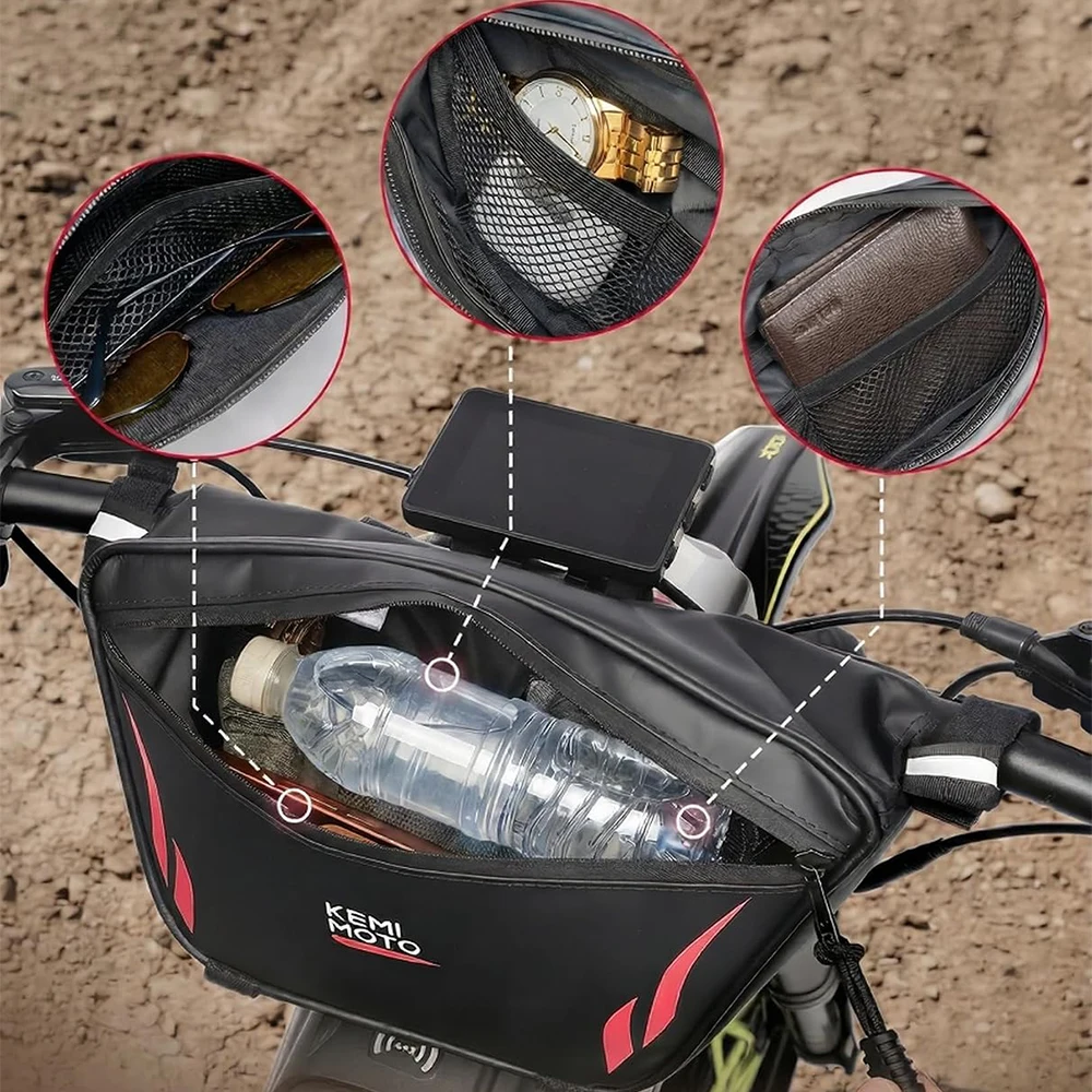 Motorcycle Handlebar Bags PVC Waterproof Front Storage Bag Universal for Dirt Bikes Dual Sport Bikes Scooters Electric Bicycles