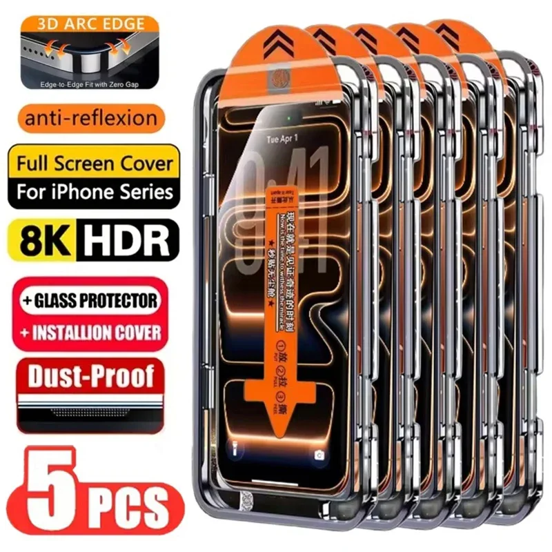 

2026 5PCS Easy Install HD Screen Protector For iPhone 17 16 13 Pro Max 11 15 14 16e 12 Mini XR X Xs 7 8 Plus Air Tempered Glass
