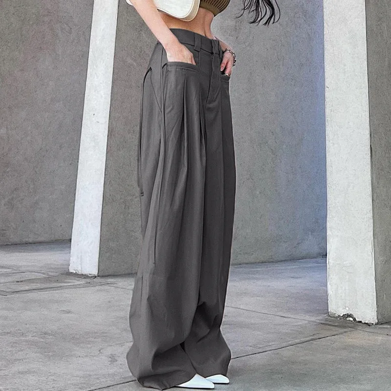 

2024 New Style To Do Old Gray Woven Pocket Casual Straight Pants Female Spice Girl High Waist Loose Leg Long Pendant Ribbon Pant