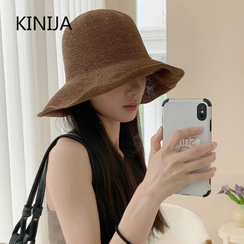 Women Sun Hat Handmade Crocheted 8/10cm Brim Straw Hat Summer Beach Hat Wavy Edged Brim Plain Bucket Hat Foldable Hat54-59cm