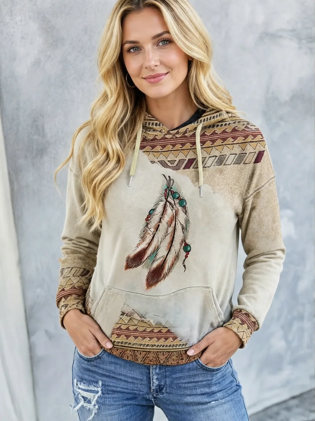 Women\'s Casual Fashion Round Neck Pullover Sweatshirt Western Ethnic Style Retro Printed Sweatshirt Hoodies