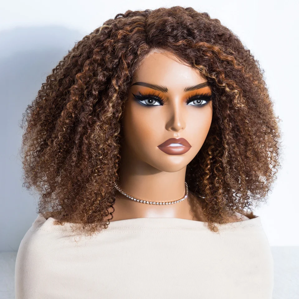 Lekker Glueless Highlight Brown Kinky Curly Bob Human Hair Part Lace Wig For Women Ready to Wear Brazilian Remy Hair Colored Wig