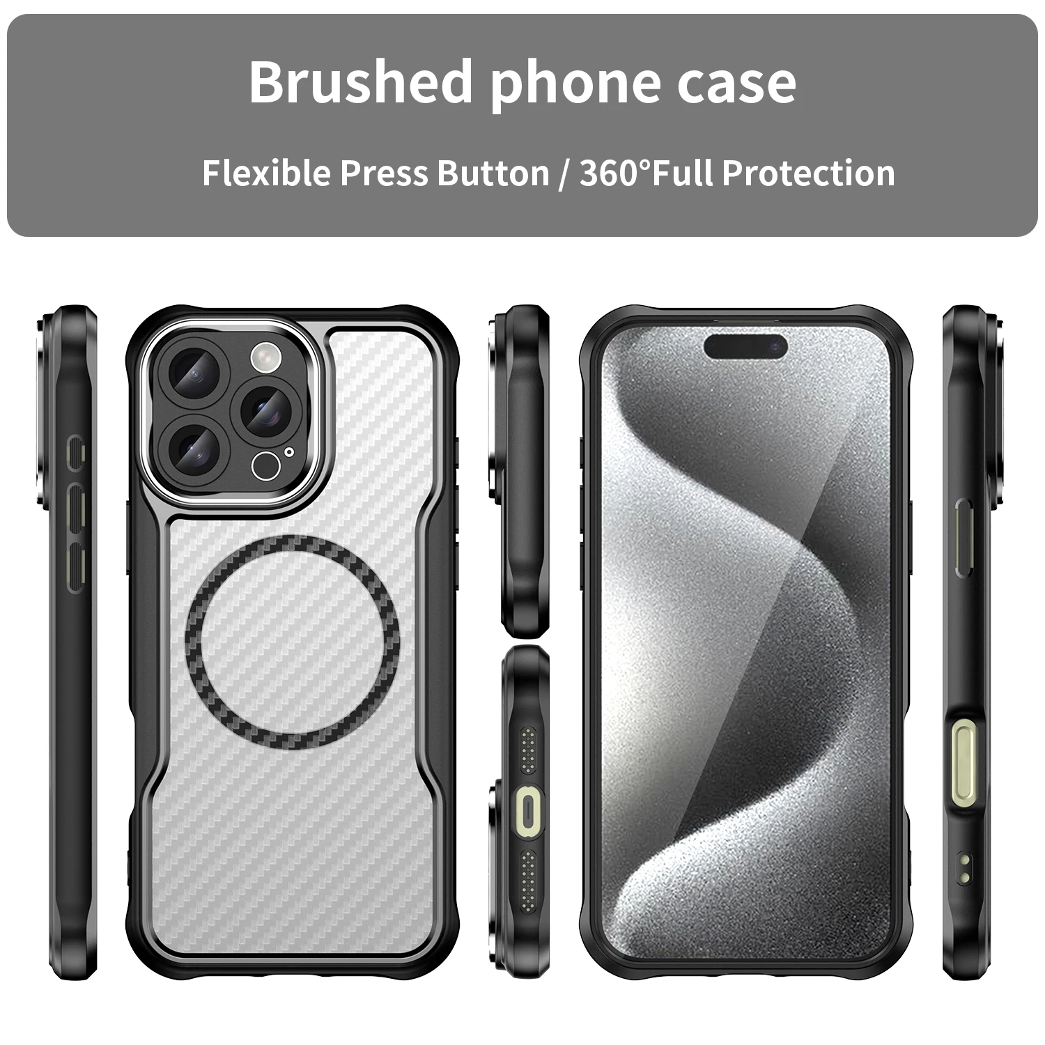 Brushed Carbon Fibre Full Lens Protect Case For iphone 16 Pro Max iphone16 Plus Magsafe Magnetic Wireless Charging Cover