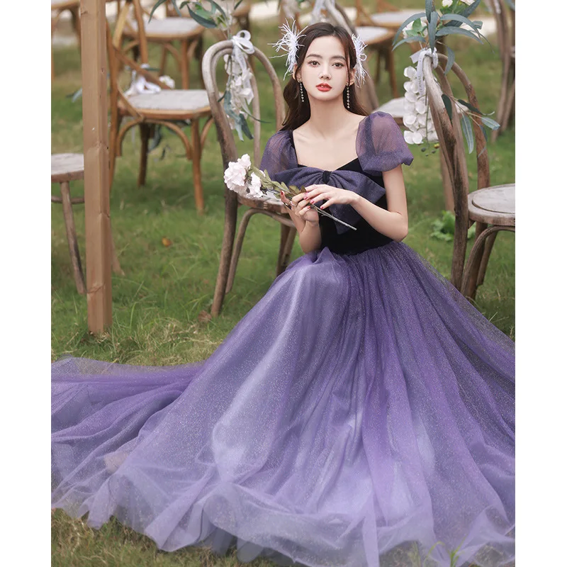 

Purple Patchwork Evening Dress Women Big Bow Square Collar Puff Sleeves Quinceanera Dresses Exquisite Elegant Graduation Gown