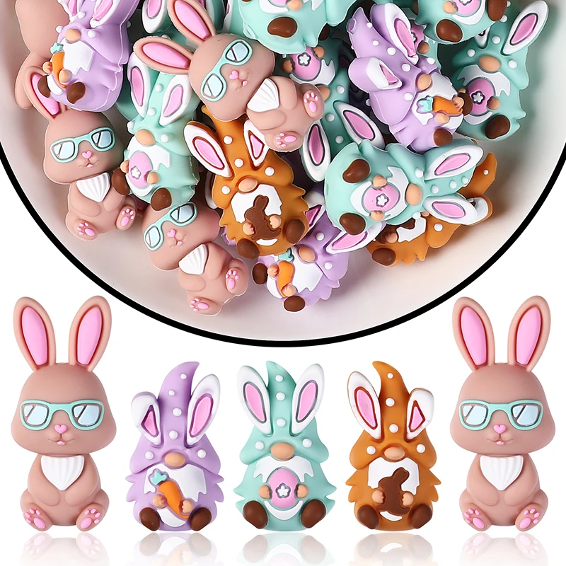 60Pcs New 3D Focal Silicone Beads Easter Bunny Chew Toys for Jewelry Making DIY Pen KeyChain Bracelet Necklace Pen Accessories