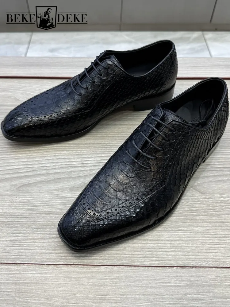 British Snakeskin Cross Tied Hard Wearing Platform Footwear Handmade Solid Color Genuine Leather Pointed Toe Mens Dress Shoes