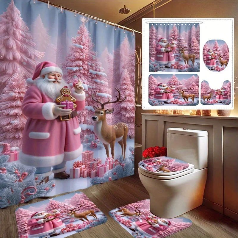

4PCS Santa & Reindeer Print Bathroom Set,Shower Curtain,Non-Slip Mat,Toilet Seat Cover, Bath Rug,12 Plastic Hooks, Holiday Decor