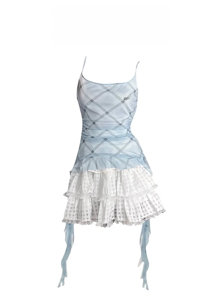 

Blue Holiday Sle Patterned Me Vest Elastic Slim Fit Strap Top Women Summer Cake Skirt Puffy Skirt Two Piece Set