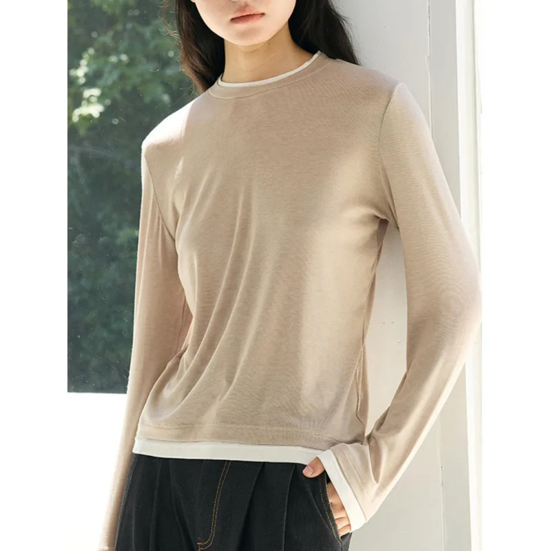 Acetate Wool Fake Two-piece T-shirt Autumn Winter Women Round Neck Long Sleeve Layered Knitted Undershirt