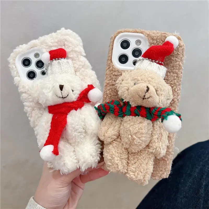 

Autumn and Winter Plush Phone Case Cartoon Christmas Bear Apple Anti Drop Women's Trendy Ins Plush Cartoon Pure Handmade Case