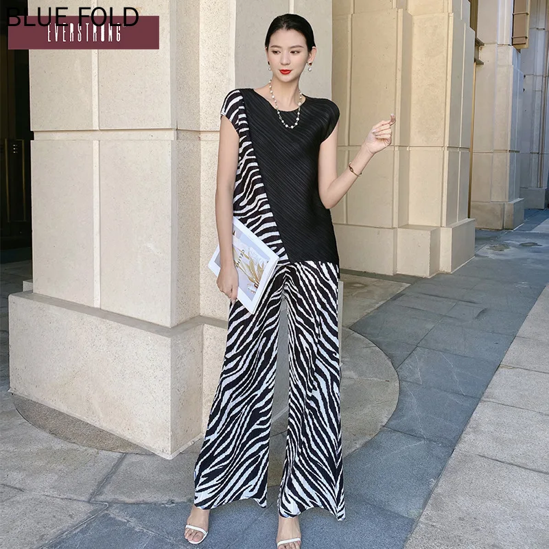 Miyake Pleated Casual Flared Pants Suit European and American Stitching Asymmetric Print Zebra Pattern Fashion Summer New Style