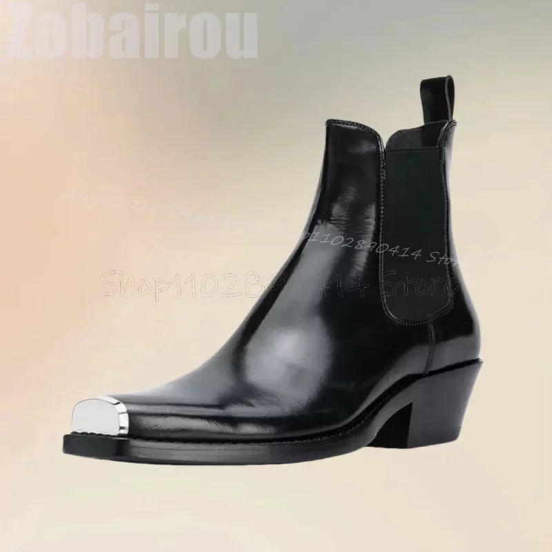 Black Patchwork Metal Pointed Toe Ankle Boots Fashion Slip On Men Boots Luxurious Handmade Party Banquet Office Men Dress Shoes - view 2