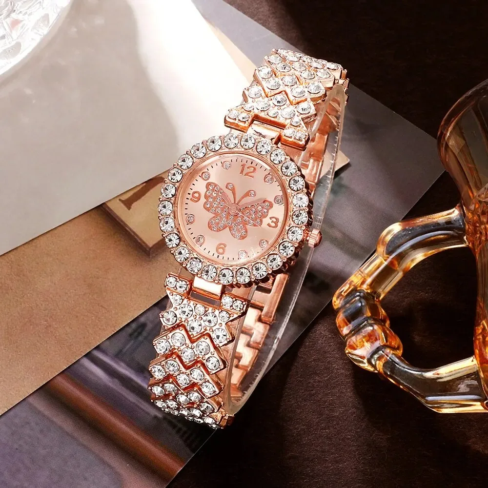 6 Piece Jewelry Set Rose Gold Luxury Watches Women Rings Necklace Earrings Rhinestone Fashion Watches Casual Women Watches