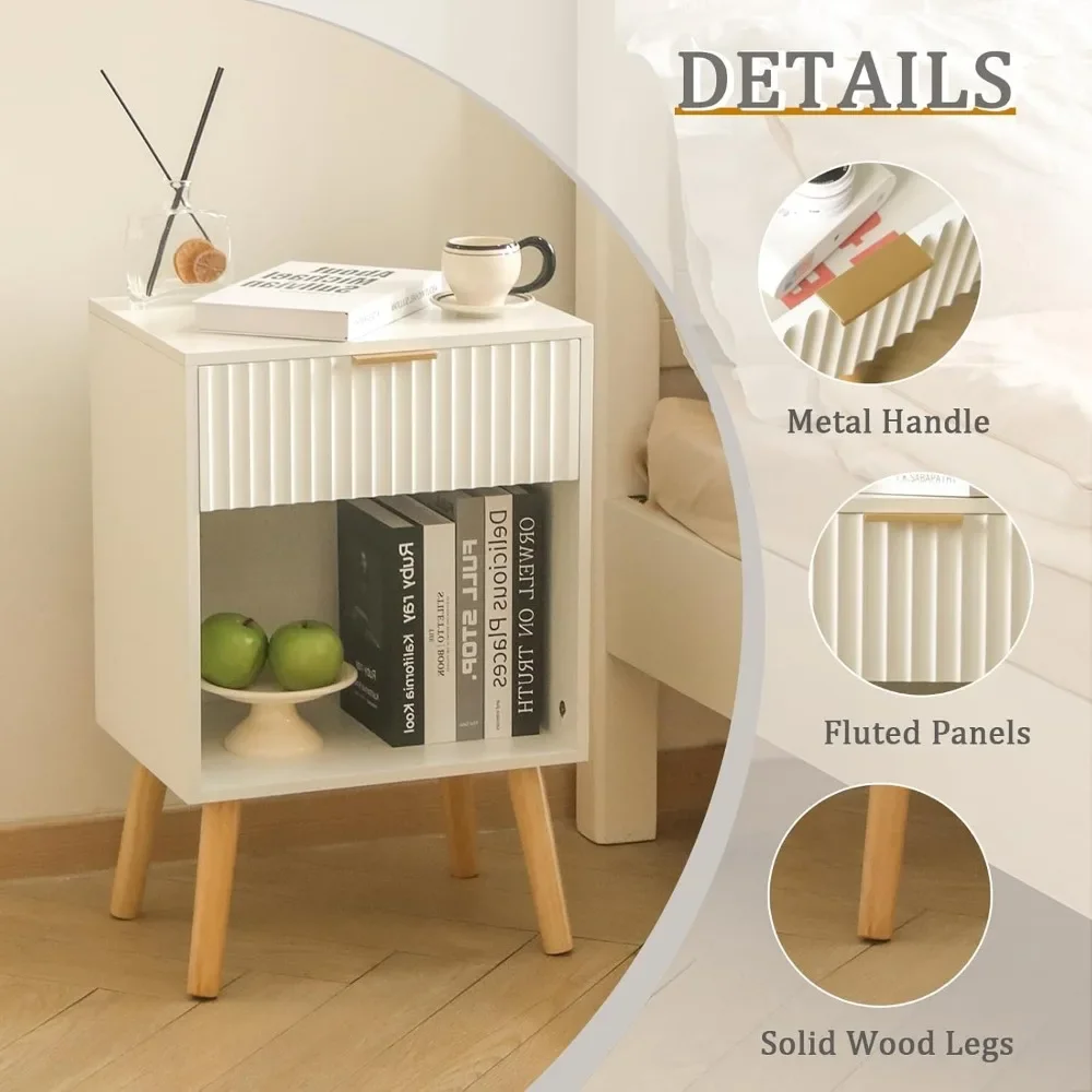 White Nightstand, Modern Bedside Table with Drawer and Opening Storage, Fluted End Side Table Living Room with Solid Wood Legs