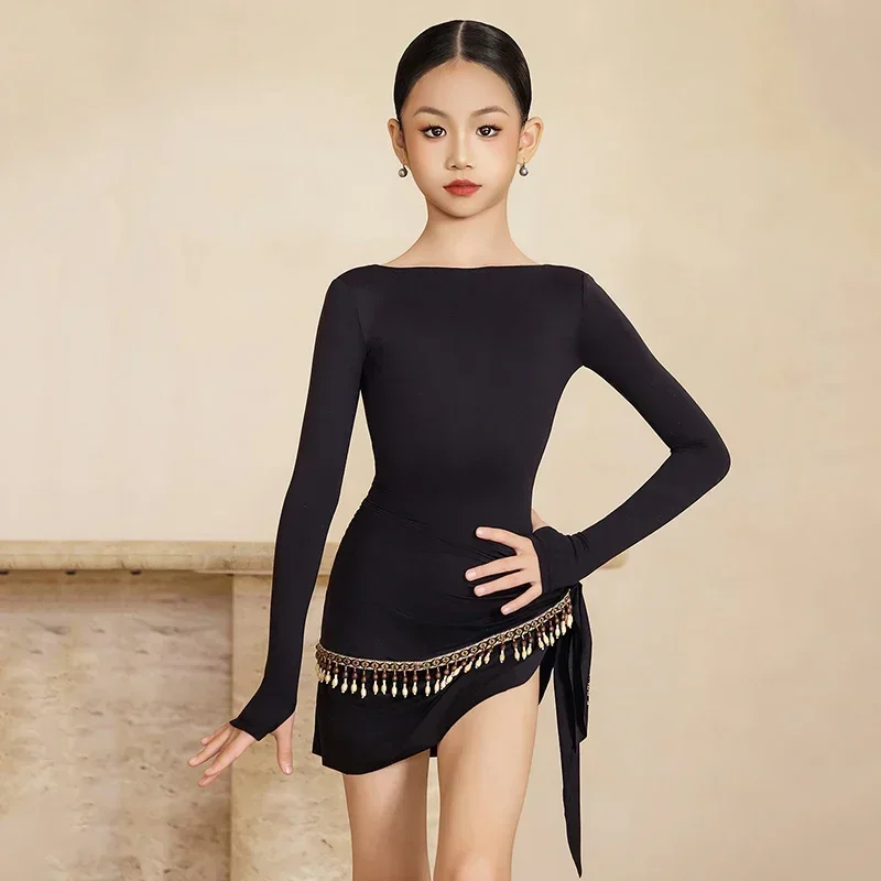 Ensemble de vêtements de danse latine pour enfants, dos nu, manches longues, jupe à franges, vêtements d'entraînement pour filles, robe de danse latine Cha Cha Rumba