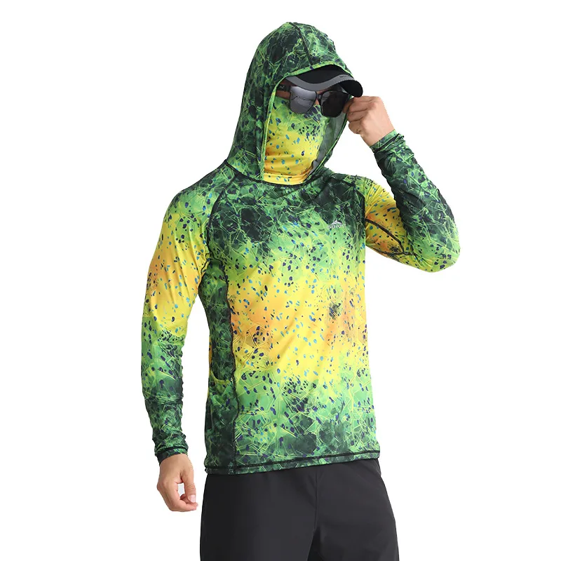 ملابس الصيد الصيفية مع غطاء محرك السيارة واقية من الشمس الجليد بارد قميص الصيد قناع الوجه UPF50 + في الهواء الطلق التجفيف السريع تنفس ملابس الصيد