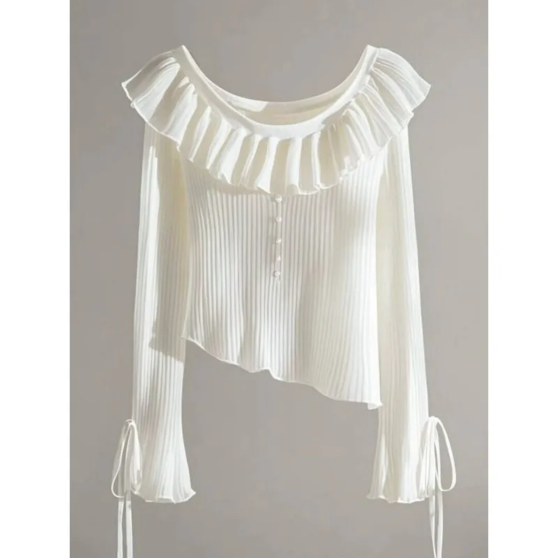 2024 Autumn New Korean Style Niche Lotus Leaf Adjustable Round Neck Knitted Sweater Pullover Ins Sweet Slim Fit Long-sleeved Top