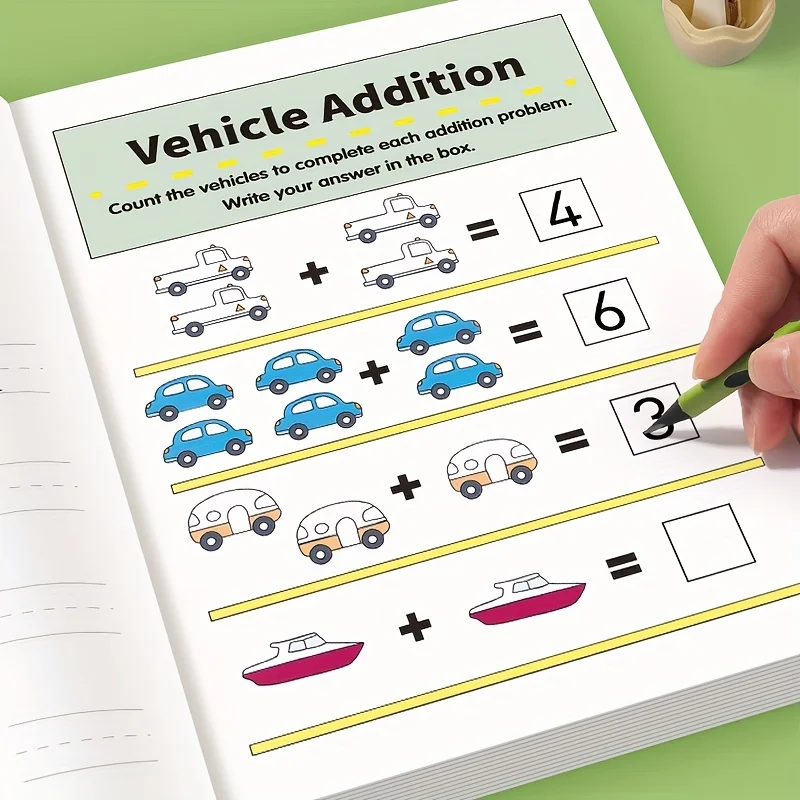 A 64-page math workbook with colorful pages featuring counting activities, addition and subtraction, number line from 1-20, serv